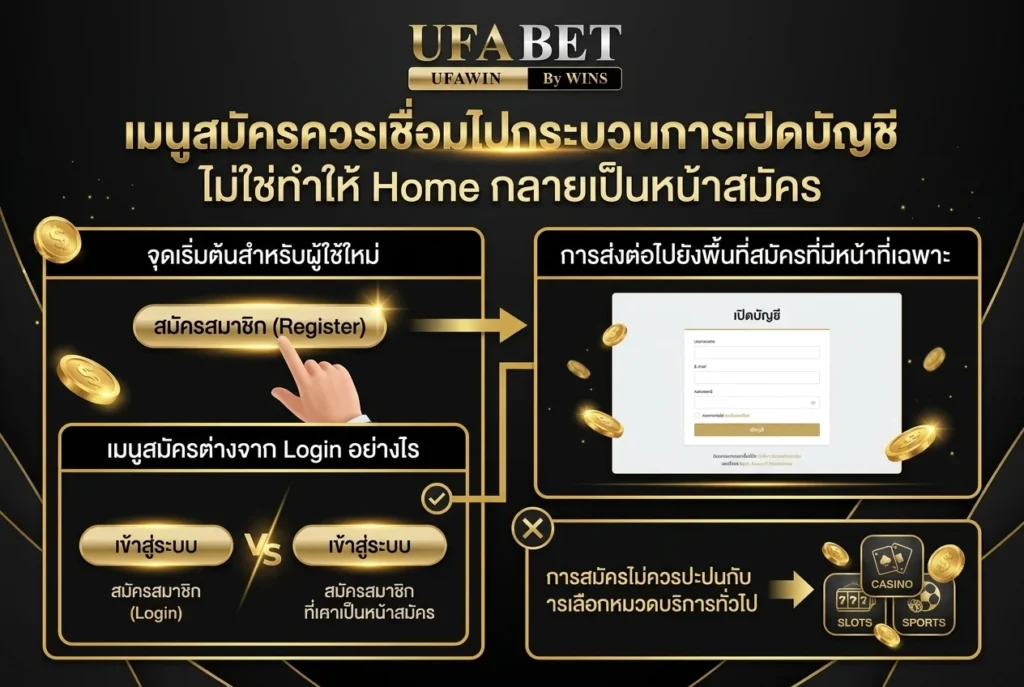 เมนูสมัครควรเชื่อมไปกระบวนการเปิดบัญชี ไม่ใช่ทำให้ Home กลายเป็นหน้าสมัคร
